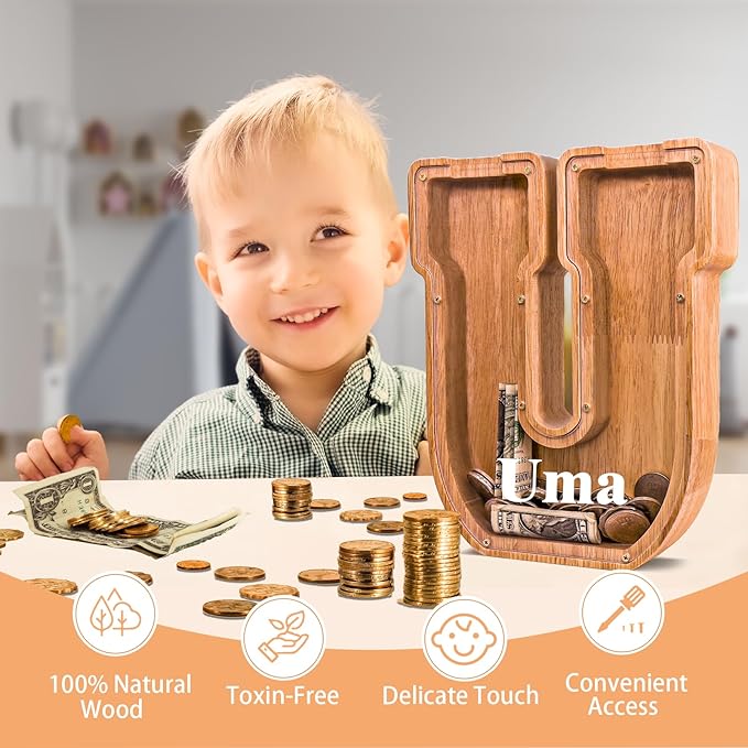 Personalized Wooden Letter Piggy Bank for Kids Larger Letter Piggy Bank for Boys and Girls Initial Coin Bank Customized Piggy Bank Perfect Wood Kids Money Bank for Birthday and Festival