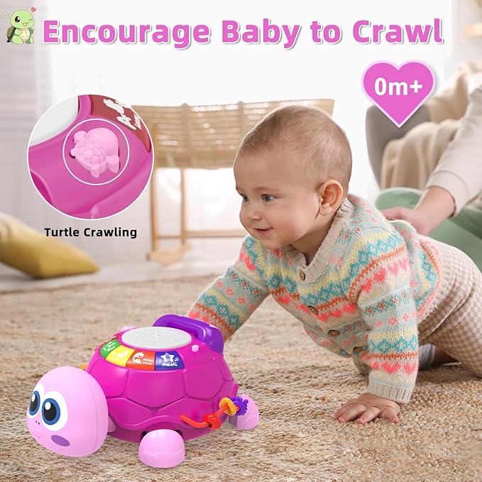 Musical Turtle Baby Toys 6-12 Months，Baby Crawling Toys for 12-18 Months,Early Learning Toy with Light&Sound,Tummy Time Toys Gifts for 3-6 4 5 7 8 9-12 18 Month Boy Girl（Pink）