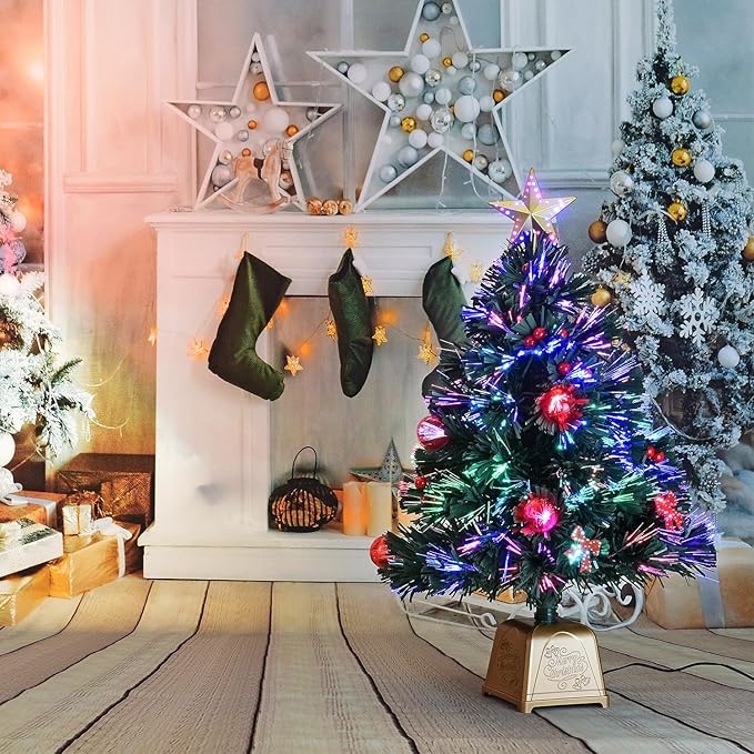 24inch Green Fiber Optic Christmas Tree,Prelit Artificial Tabletop Christmas Tree,Star,Butterfly and Ball Ornaments for Best Holiday Home Decorations,2 Foot
