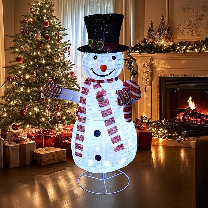 Dazzle Bright Christmas Snowman Decorations, 3.5 FT Pre-Lit 70 LED Pop-Up Snowman, Collapsible Lighted Snowman with Metal Stand for Indoor Outdoor Garden Yard Home Party Xmas Decor