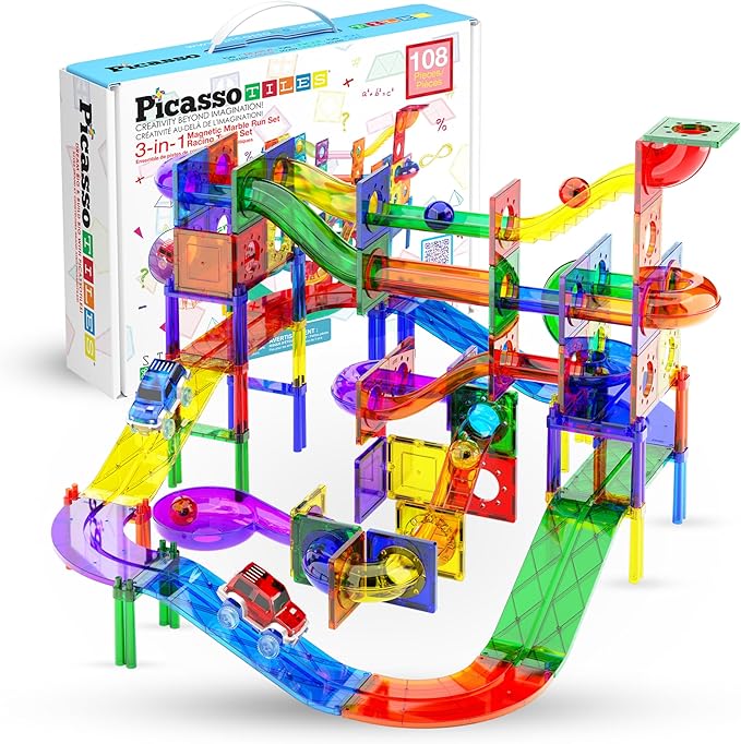 PicassoTiles 108pc Magnetic Marble Run Set with Building Tiles Race Track Car Slides Set STEM Learning Toy 3-in-1 Preschool Construction Kit for Indoor Activity and Development for Kids age 3+ PTG108