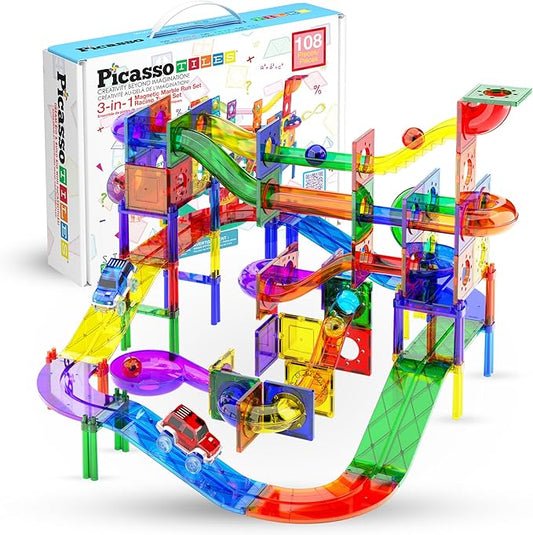 PicassoTiles 108pc Magnetic Marble Run Set with Building Tiles Race Track Car Slides Set STEM Learning Toy 3-in-1 Preschool Construction Kit for Indoor Activity and Development for Kids age 3+ PTG108