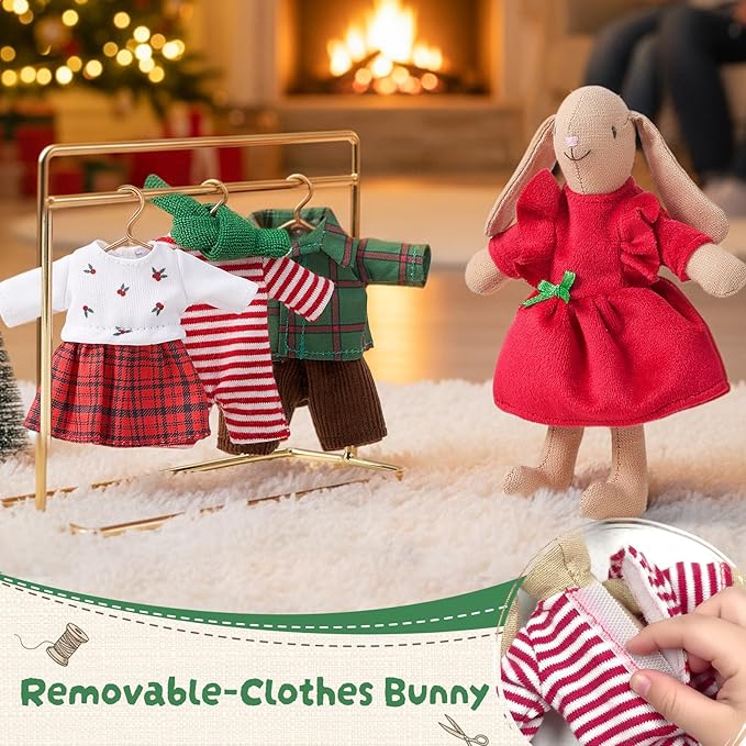 Giant bean® Bunny Toys for Kids, Christmas Bunny, 4 PCS Hand Made Rabbit Family Dolls with Removable Clothes, Suitable for Infants, Boys and Girls, Dollhouse People
