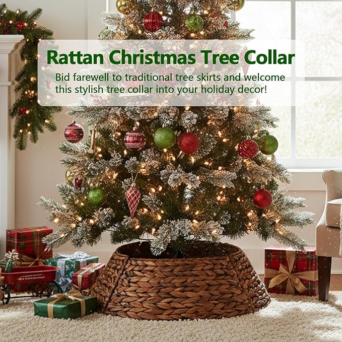 Christmas Tree Collar 24'' D Handmade Hyacinth Tree Collar Basket Rattan Wicker Christmas Woven Tree Ring Stand Base Cover for Christmas Holiday Decoration-Brown Washed