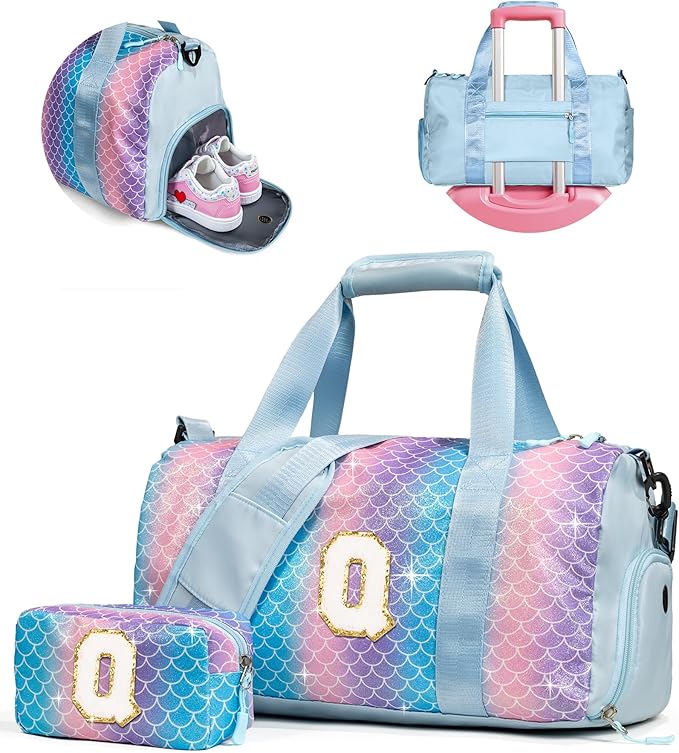 6 7 8 9 10 Year Old Girls Birthday Gift-Girl Gym Bag with Shoe Compartment, Kid Personalized Weekender Overnight Bags, Initial Travel Tote with Makeup Pouch, Easter Gifts for Teen (Letter Q)