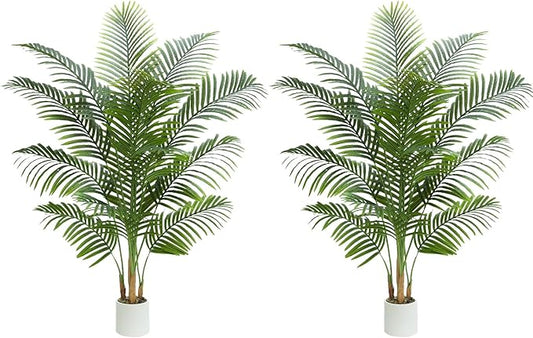 2 Pack Artificial Palm Tree Indoor Plant 6FT Tall Fake Tropical Palm Tree in Pot, Real Bark Design Faux Areca Palm Tree for Home Office Living Room Bedroom Farmhouse Modern Outdoor Topiary Tree