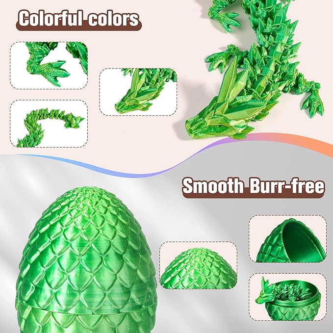 12''3D Printed Dragon and 4.73''Egg - 3D Printed Toys, Articulated Crystal Dragon Egg with Dragons Inside Fidget Toy, Decor Dragons Collectible Figurines (Laser Green,12inch)