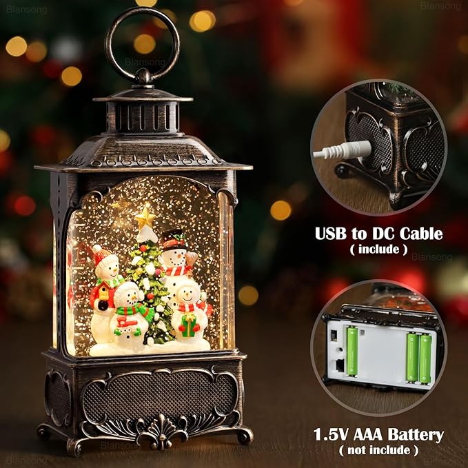 Snowman Snow Globe Lantern Christmas Decorations Gifts Auto Snowfall Glitter Music Collection Snowman Family Christmas Tree with 6H Timer USB/Battery Powered 10.2 inch