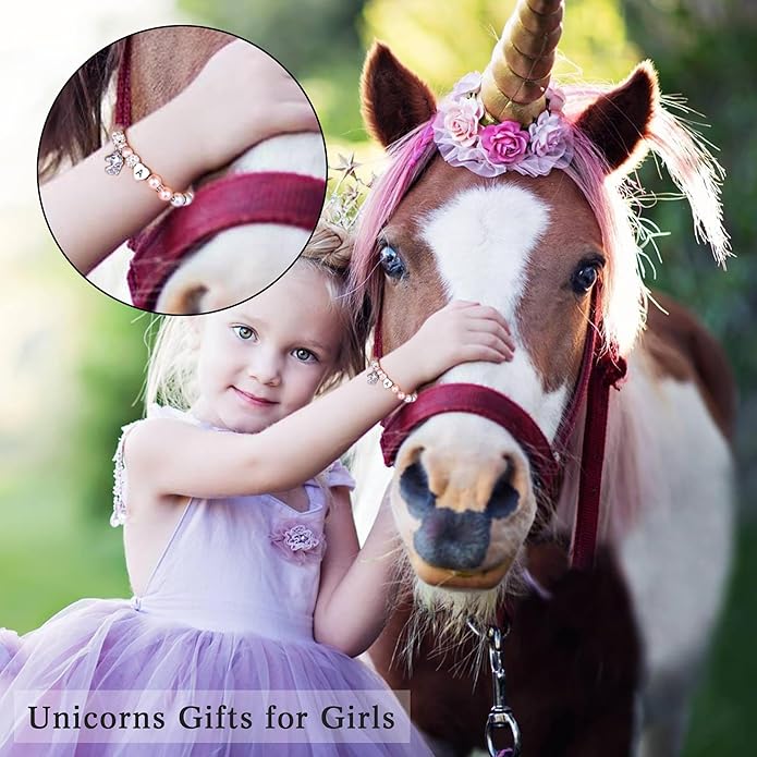 Hidepoo Christmas Gifts for Grandkids Girls - CZ Initial Unicorn Bracelet Adjustable Pink Pearl and Rhinestone Balls Heart Initial Unicorn Bracelets Jewelry Birthday Gifts for Girls Stocking Stuffers