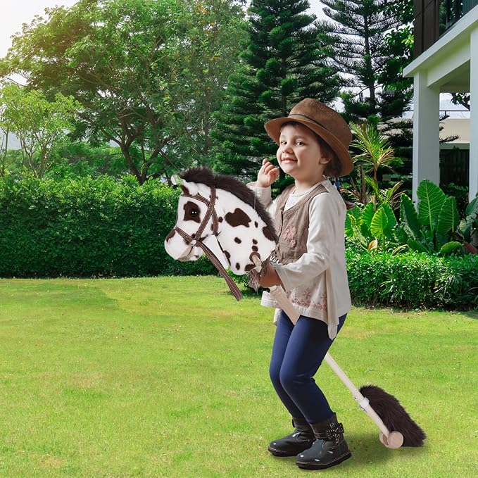 Stick Horse with Realistic Sound Effects, Hobby Horse, Wooden Pole, Handle, and Wheels, 38 Inch Tall Horse Toys Gift for Kids Toddlers 3 and Up, Black (AA Batteries Required)