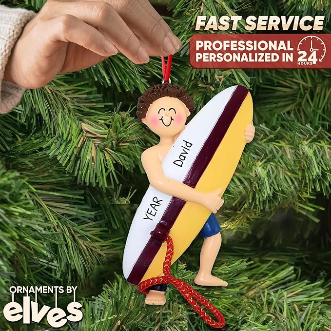 Personalized Surfboard Ornaments 2025 - Brunette Boy Surfer Ornaments for Christmas Tree Beach Surfboard Decor Surfing Ornament Gifts for Surfers Beachy Christmas by Elves