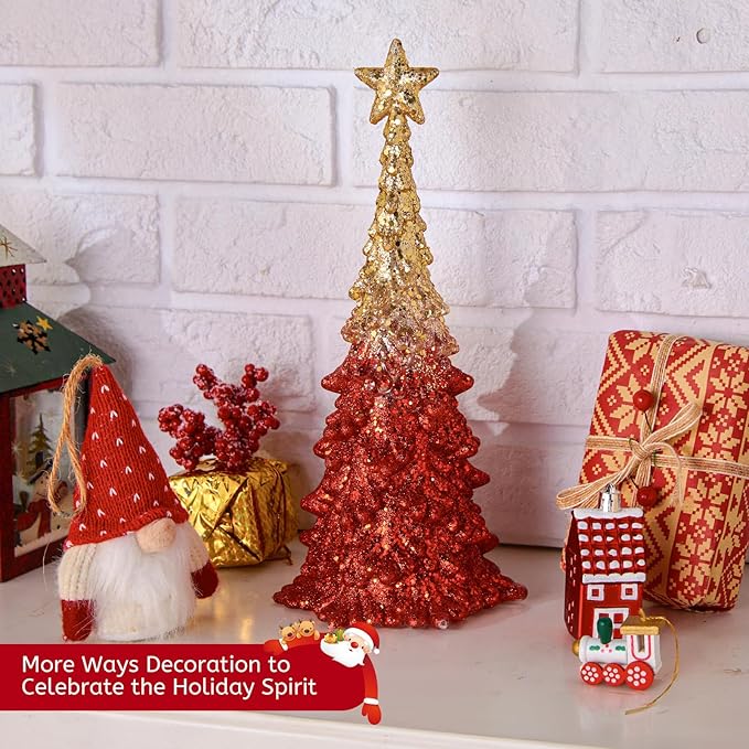 Valentine’s Day Gift 11 Inch Tabletop Christmas Tree with Sparkling Glitter - Battery Operated Acrylic Lighted Christmas Tree for Home Office Valentine’s Day Decor, Warm White Glow