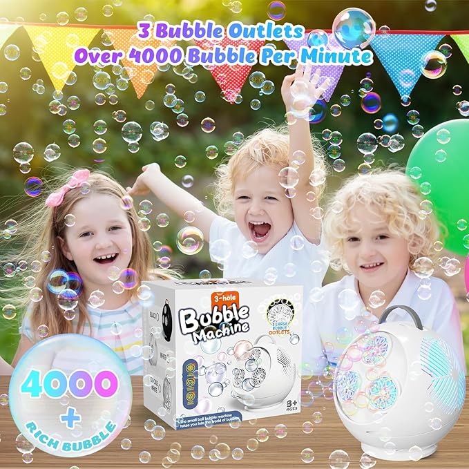 Bubble Machine for Kids Toddlers,45°/360° Auto Rotatable Spherical Bubble Maker Toy with LED Light,Rechargeable Bubble Blower for 3 4 5 Year Old,Wedding Party Easter Birthday Gifts (Spherical White)