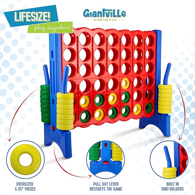 Giantville Giant 4 in a Row Connect Game + Storage Carry Bag - 4" Wide X 3.5" Tall - Oversized Jumbo Sized Entertainment for Outdoor/Indoor Play for Kids & Adults - Durable Waterproof - 2024 Version