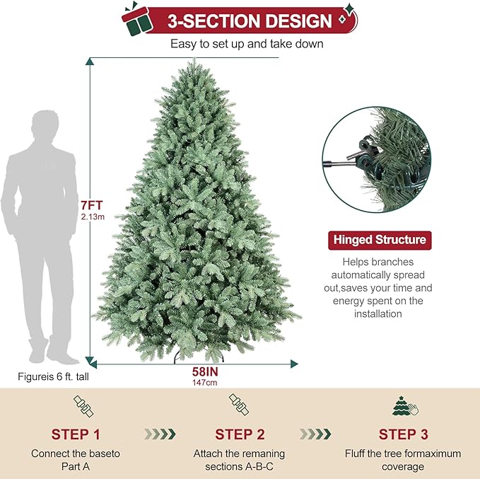 7ft Christmas Tree ，Artificial Full Christmas Trees for Home, Office, Xmas Decoration Spruce Trees with 2518 PE & PVC Branch Tips, Metal Hinges Foldable Base