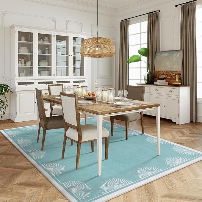 Modern Bedroom Rug 8x10 Under Bed, Low Pile Teal Washable Rugs for Living Room,Soft Sun Printed Large Rug,Aqua Dining Room Rugs for Under Table Classroom Dorm(8x10ft,Teal)