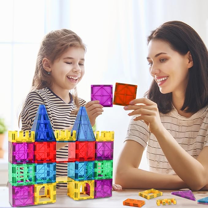 Ziggzo Magnetic Tiles for Kids Ages 4-8 | 100 Magnet Tiles with Storage Bag and 2 Cars | STEM Building Blocks for Creative Learning