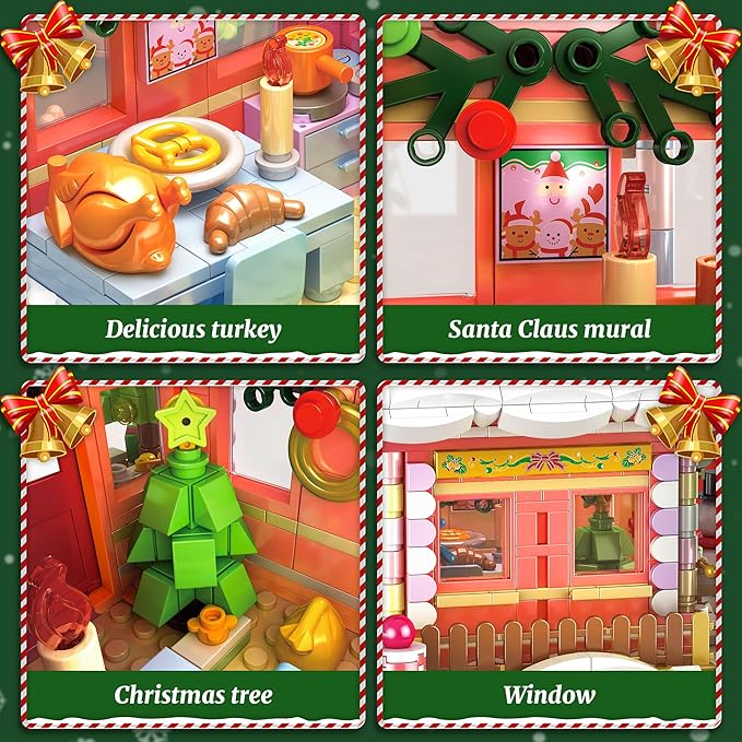 Gingerbread House Building Blocks for Girls Age 8-12 with LED Lights, Dark Pink Christmas Village House Blocks Set with Christmas Tree and Train, 1288 Pcs