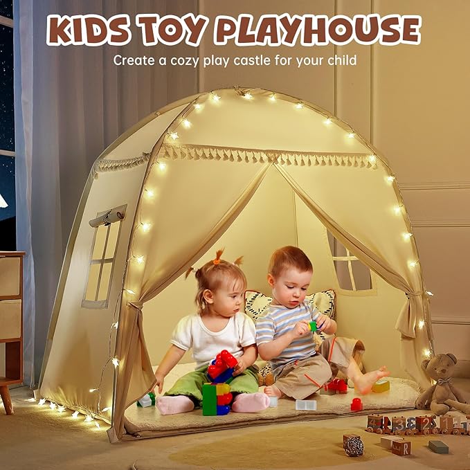 Medium Toddlers Bed Tent Canopy: with Lights and Flags for Girls and Boys House Gifts - Monobeach Kids Play Tent Indoor Princess Toys - Portable and Foldable Children Playhouse Outdoor