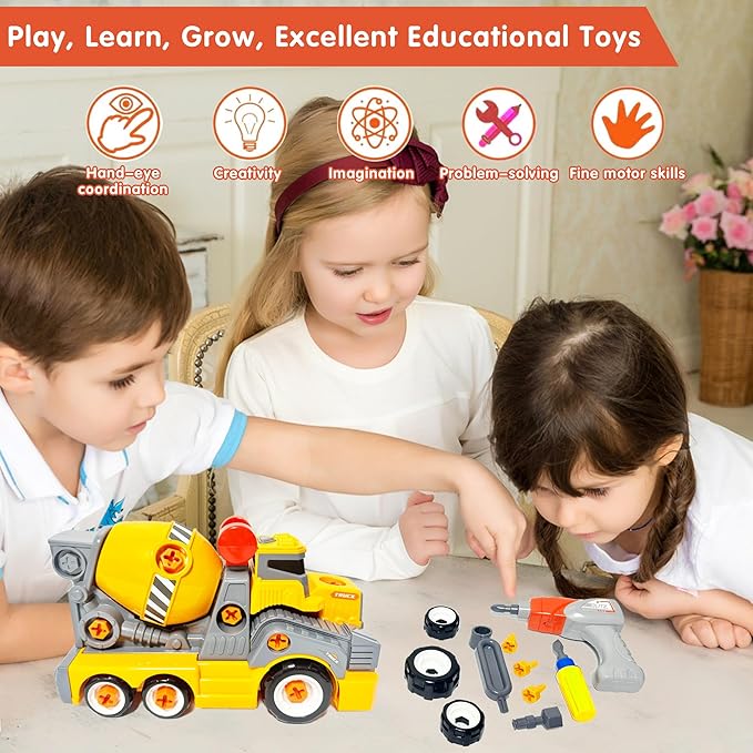 11inches Large Take Apart Cement Mixer Trucks Construction Toys for Boys Girls Kids 3-5 6-8 Year Old Electric Drill Set Assembly Building Toys