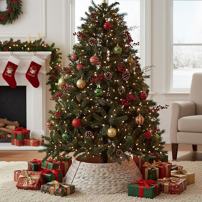 Christmas Tree Collar 24'' D Handmade Hyacinth Tree Collar Basket Rattan Wicker Christmas Woven Tree Ring Stand Base Cover for Christmas Holiday Decoration-White Washed