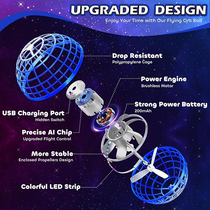 Tikduck Flying Orb Ball 2025 Toys Soaring Hover Pro Boomerang Galactic Fidget Cool Magic Hand Controlled Mini Drone Cosmic Globe Spinner Safe for 6 7 8 9 10+ Year Old Kids Outdoor Toys (Blue-Silver)