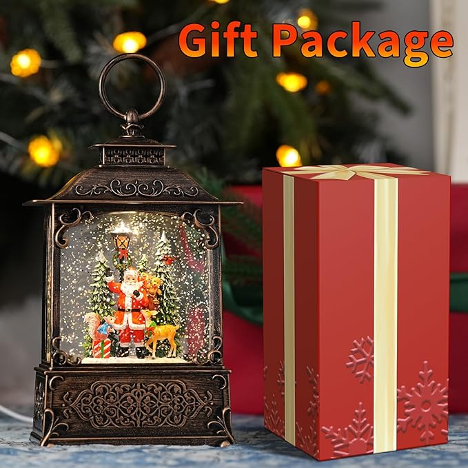 Snow Globe with Santa Claus Reindeer, Light Up Christmas Snow Globes with Music Timer - USB Plug or Battery Operated Glitter Globe Indoor Christmas Decorations