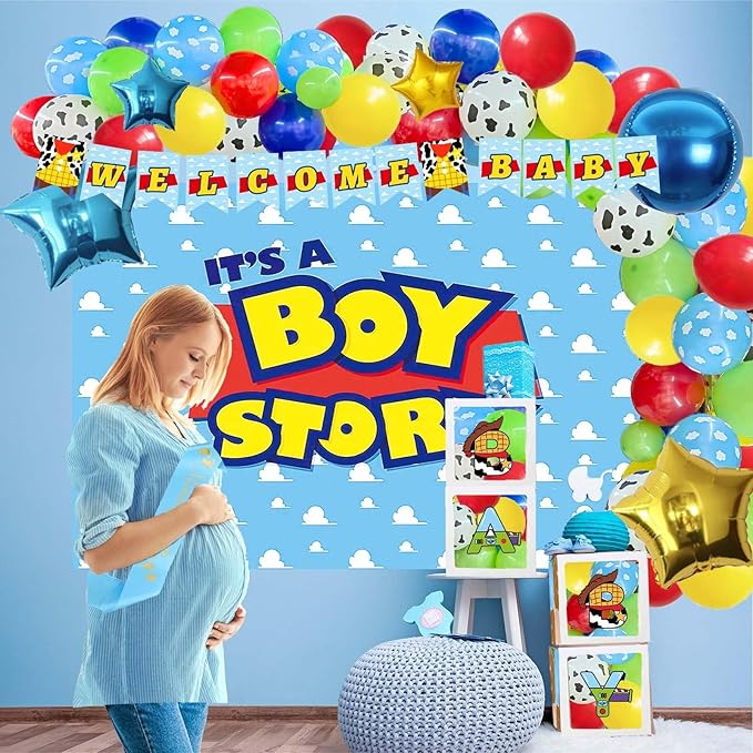 135 PCs Cartoon Toy Baby Shower Decorations, Homond Toy Themed It’s A Boy Story Decorations Backdrop Balloon Garland Arch Banner Box Cutout Tablecloth Cake Cupcake Topper Sash Blue