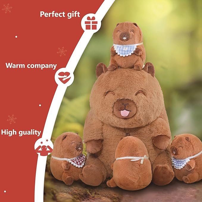 Niuniu Daddy 13" | 5Pcs Capybara Stuffed Animals Family Set, Mommy Capybara Plush with 4 Babies Toys Inside, 5 in 1 Kawaii Pillowfort Plush for Girls Boys Adults with Christmas Birthday Party Presents