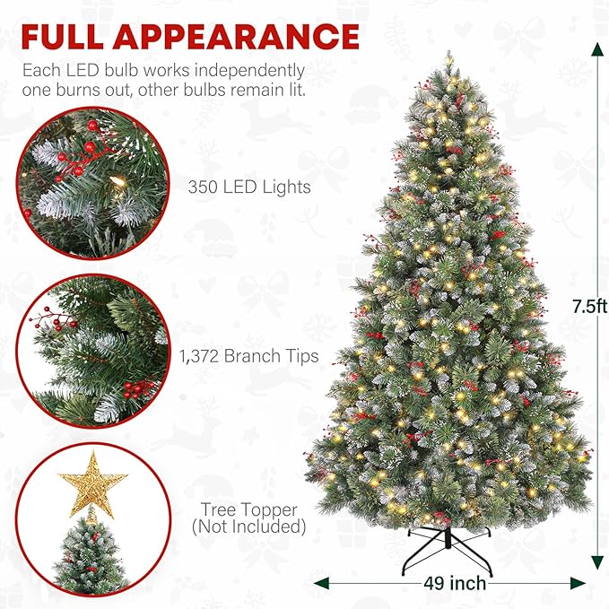 7.5ft Lighted Frosted Christmas Tree, Artificial Christmas Pine Tree with Red Berries, 350 Warm White LED Lights, 1372 Branch Tips, Foldable Metal Stand and Hinged Branches