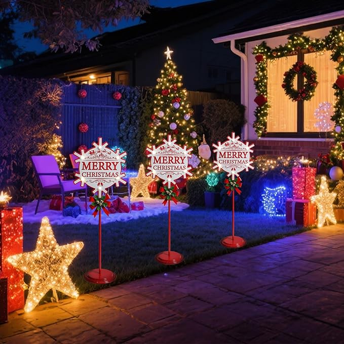 Merry Christmas Sign with LED Light Battery Operated with Timer Christmas Signs with Base Xmas Holiday Decorations Patio Lawn Yard Outdoor Display Decor