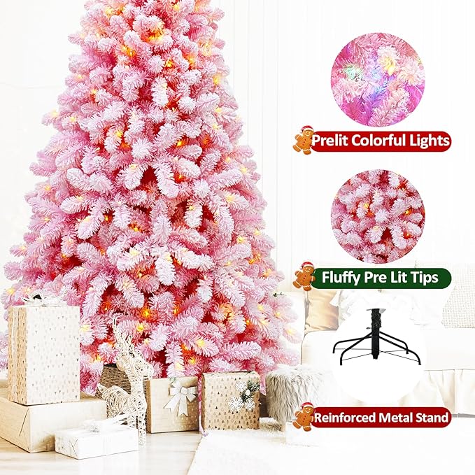 Christmas Tree 7.5 ft, Pink Prelit Christmas Tree with Lights, Flocked Christmas Trees Prelit with 10 Modes Colorful 400 Lights, Easy Assembly Artificial Christmas Trees with Fluffy Tips