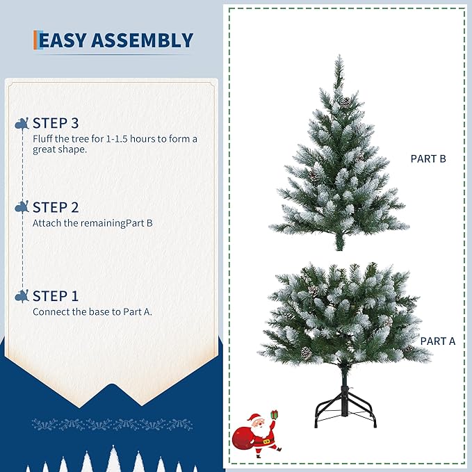 2025 Christmas Pre-Lit Pencil Tree 4.5FT with Lights, Automatic White Spray Artificial Xmas Tree with Pinecone, Decor for Christmas Holiday