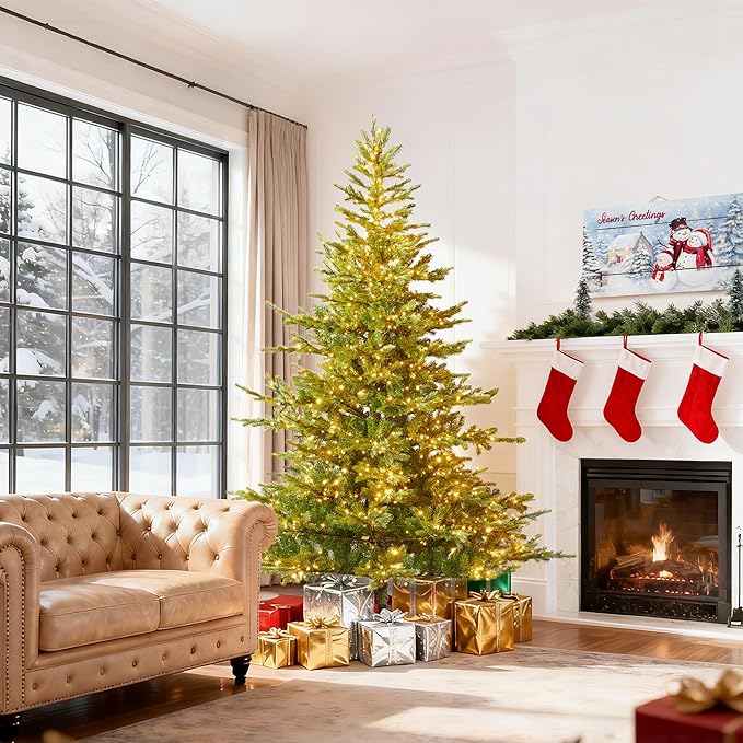 Glitzhome Prelit Christmas Tree, 7.5ft Green Full Christmas Tree Vibrant Evergreen Fir with 1600 Warm White/Multi-Color Horse Race LED Lights, 9 Function w/Foot Pedal and Remote Control,Easy Assembly