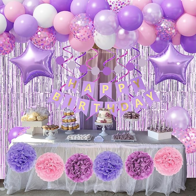 Pastel Pink Lilac White Balloon Arch Garland, Pale Purple Pink Happy Birthday Banner Foil Curtain Pompoms Hanging Swirl for Women Girls Birthday Party Decor