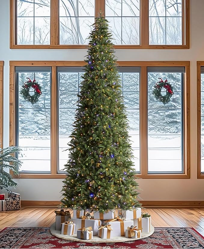 Glitzhome 11ft Prelit Artificial Christmas Tree,Radiant Evergreen Fir with 850 Warm White/Multi-color LED Lights,9 Function,w/Remote Control,Holiday Décor w/Easy Assembly,Metal Hinges & Foldable Base