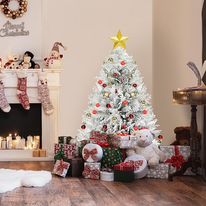 4FT Premium Artificial Christmas Tree, Snow Flocked Hinged Pine Tree w/800+ Snowflake Branches, Solid Metal Stand for Holiday Decoration Indoor Outdoor Use, Green