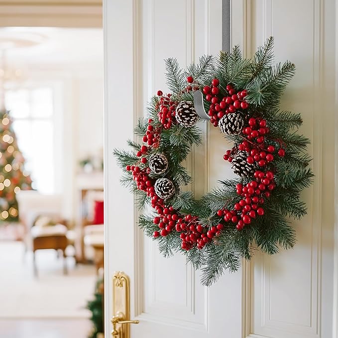 MCFULL 14 in Wreath Hangers for Front Door,Sturdy Metal Wreath Doors Hangers,Over The Door Hooks for Front Porch Decor,Silver Garland Hooks Holders for Halloween Christmas Decorations