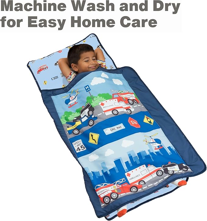 EVERYDAY KIDS Toddler Nap Mat with Removable Pillow -Fire Police Rescue- Carry Handle Fastening Straps Closure, Rollup Design, Soft Microfiber for Preschool, Daycare, Sleeping Bag -Ages 2-6 years
