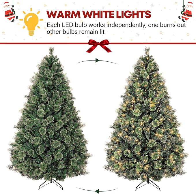 6 ft Prelighted Pine Christmas Tree, 350 Warm White LED Lights, Artificial Christmas Tree with 1016 PVC Branch Tips, Premium Stand, Easy Assembly for Indoor Holiday Decorating
