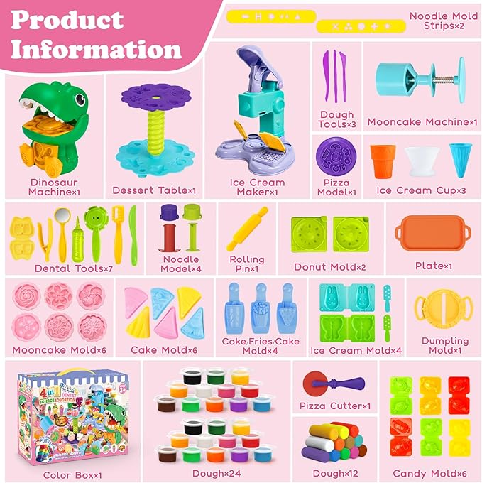 93 PCS 4 in 1 Dough Sets for Kids Ages 3-4-8, Art Crafts Dough Tools Kit, Dinosaur Dentist Playset, Ice Cream, Mooncake Maker Machine, Dessert Rack, Kitchen Creations Food Play Toys Boys Girls
