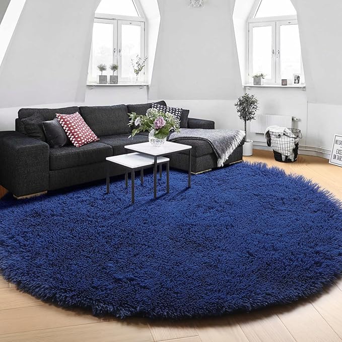 Navy Blue Round Rug 6Ft for Boys Bedroom, Large Fluffy Fuzzy Circle Area Rugs for Kids Playroom, Living Room Decor Aesthetic, Cute Shaggy Plush Floor Royal Dark Blue Carpet for Dorm Teen Baby Nursery