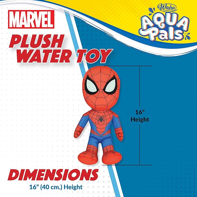 Wahu Aqua Pals Marvel Spider-Man Plush Water Toy for Kids Ages 2+ with AquaDry™ Technology, Washable Plush Doll Toy for Pool and Bathtub, Medium, Red/Blue