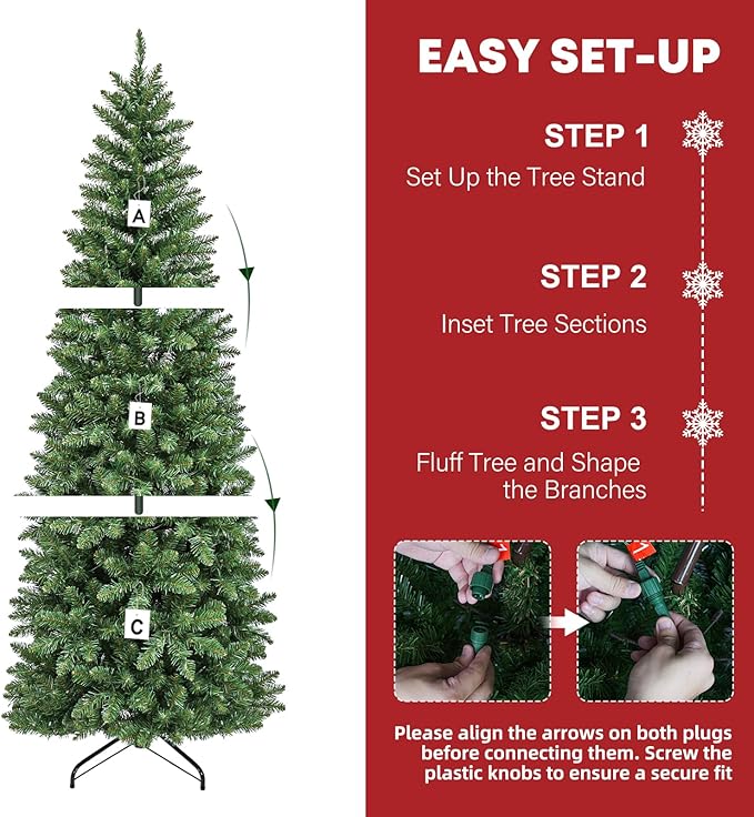 Hykolity 6ft Prelit Pencil Slim Christmas Tree with 200 Color Changing LED Lights, 544 Branch Tips, Metal Stand and Hinged Branches, 10 Color Modes