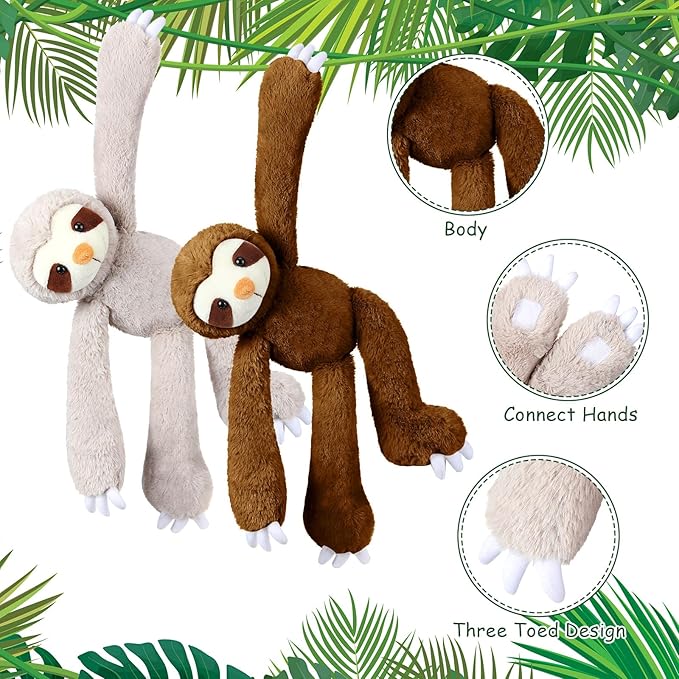8 Pcs Hanging Sloth Stuffed Animal 18 Inch Three Toed Sloth Plush Toy with Hook and Loop Hands Hanging Sloth Toy for Boy Girl (Dark Brown, Gray)