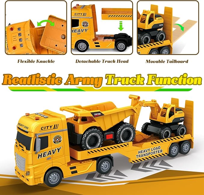 3-in-1 Construction Truck Toys for Kids Ages 3-6 - Inertia Semi Trailer with Excavator & Dump Truck, Light and Sound Play Vehicles