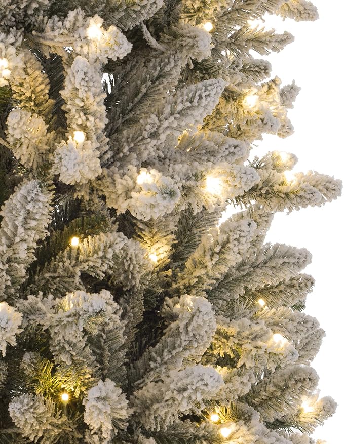 Glitzhome 9ft Prelit Christmas Tree, Snow Flocked Christmas Trees with 600 Warm White Lights, Pencil Christmas Tree Snowy Splendor Fir Artificial Tree w/1860 Branch Tips and Foldable Metal Stand