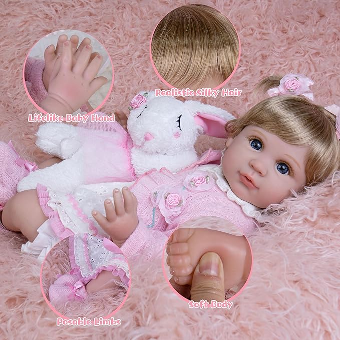 Realistic Baby Doll 22-Inch Newborn Baby Doll Soft Cloth Body Lifelike Reborn Baby Dolls Cute Girls with Clothes and Toy Accessories Set for Kids 3+
