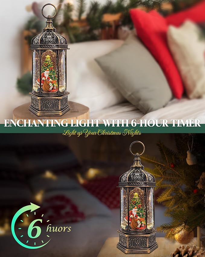 Musical Christmas Snow Globes Lantern, 13" Lighted Electric Snowglobes with 8 Holiday Songs, 6H Timer Dual Power, Santa with Gifts Christmas Ornaments Snow Globe for Kids Adults, Gifts for Men Women