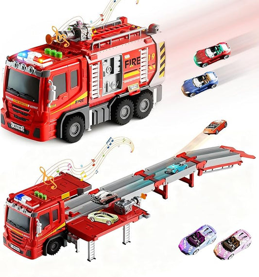 Fire Trucks Toy Set for 3-7 Years Old Boys, Fire Car Truck with 3 Soft Darts & 8 Alloy Mini Cars, Kids Toddlers Foldable 3-Lane Race Track Toys with Lights Sounds, Christmas Birthday Gifts